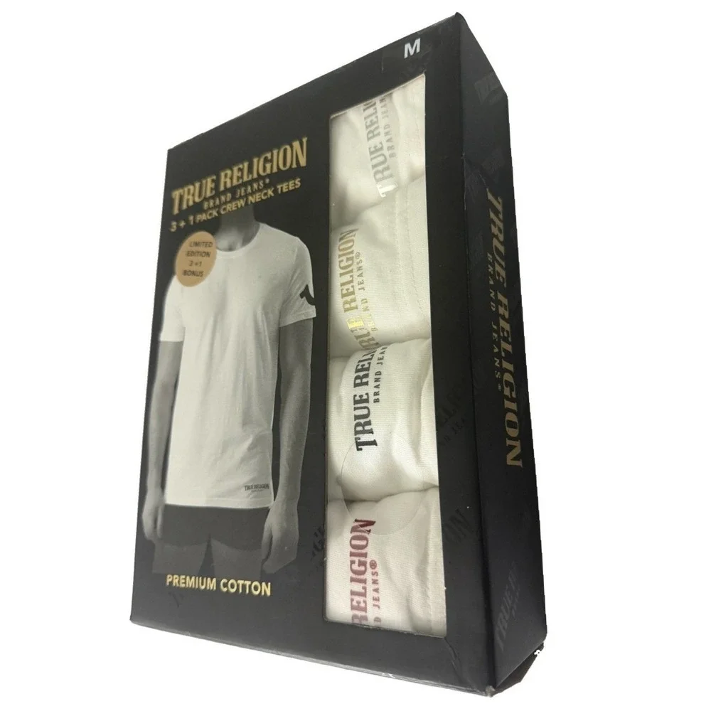 True Religion Men's White Crew Neck Tee Shirts 4 Pack 100% Cotton Size Large New